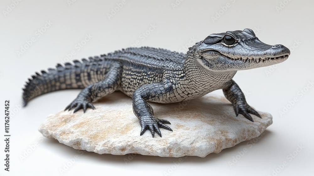 Naklejka premium Young alligator rests on a light rock against a white background.