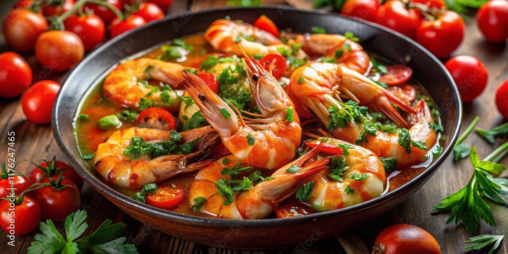 Juicy Shrimp Scampi with Herbs and Tomatoes in Creamy Sauce - Gourmet Seafood Dish Juicy Shrimp Scampi with Herbs and Tomatoes in Creamy Sauce - Gourmet Seafood Dish