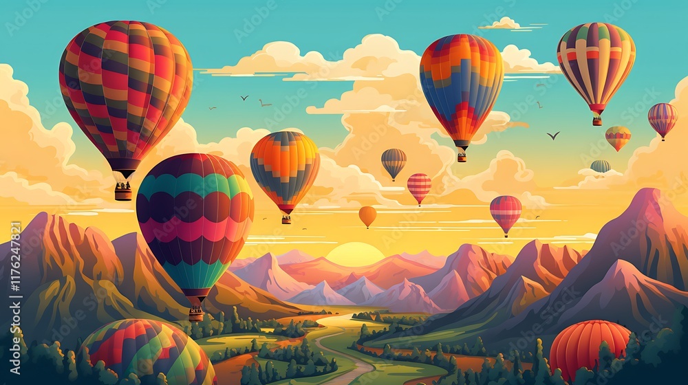 Fototapeta premium Colorful Hot Air Balloons Soar Over Majestic Mountain Landscape