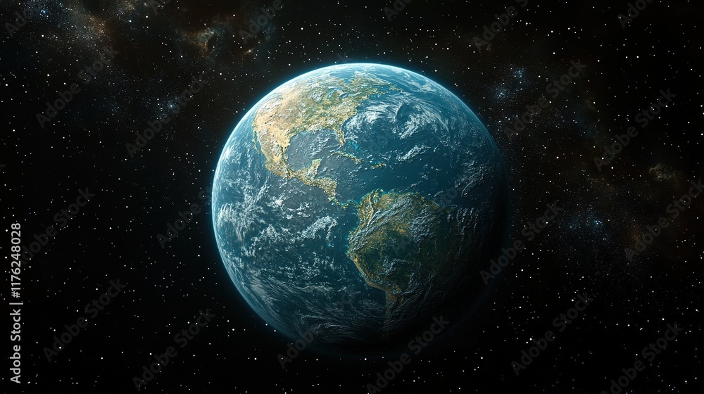 Naklejka premium A stunning view of Earth from space, showcasing its blue oceans and green continents against a starry backdrop.