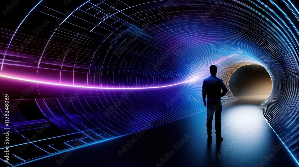 A figure stands at the entrance of a futuristic, glowing tunnel. A figure stands at the entrance of a futuristic, glowing tunnel.