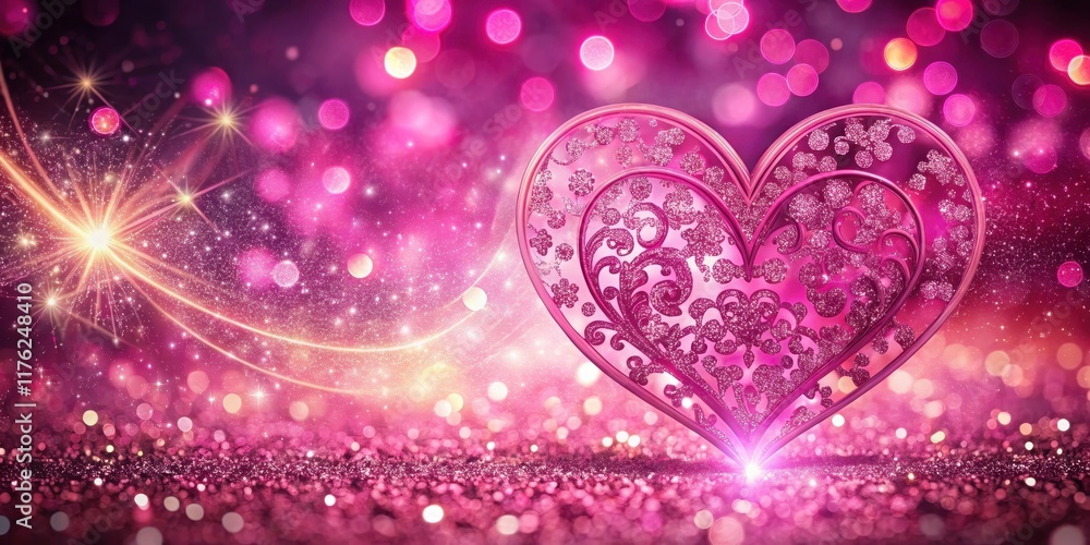 Glittering pink sparkle heart background with intricate patterns and shapes