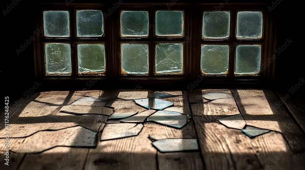 Broken Windowpanes Scattered on Wooden Floor Broken Windowpanes Scattered on Wooden Floor
