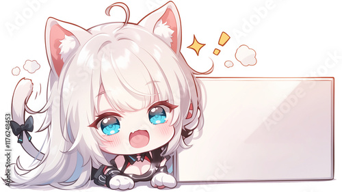 Chibi Cat Ear Girl with Blank Sign | Cute Transparent PNG Stickers photo