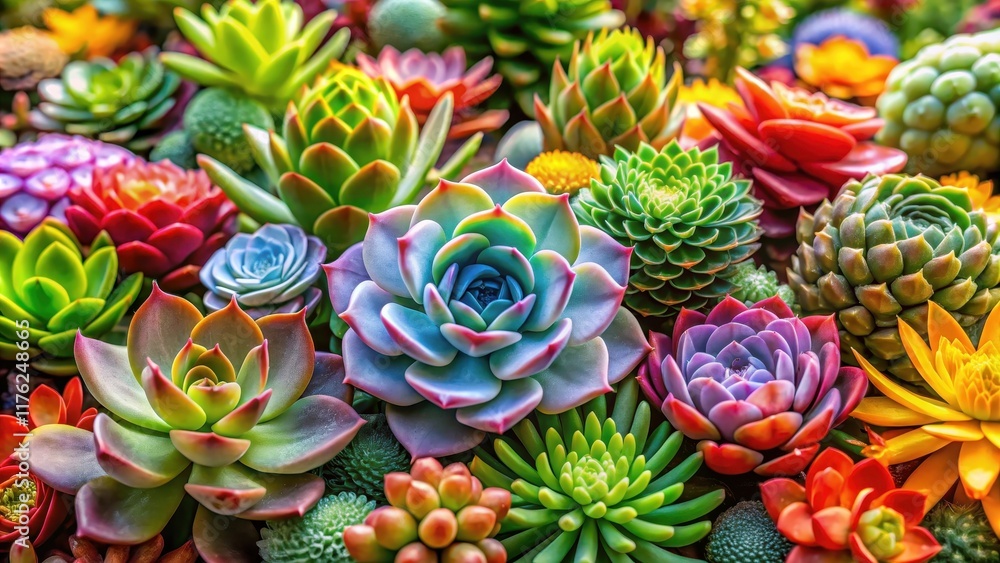 Vibrant colorful succulent flowers arrangement, botanical garden