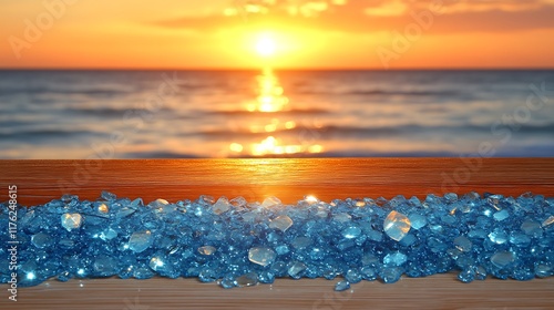Ocean Sunset Scene with Blue Glass Pebbles on Wood