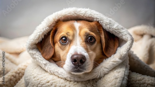 A dog snuggled up under a warm blanket with soft, fluffy fur and big brown eyes looking calm and content photo