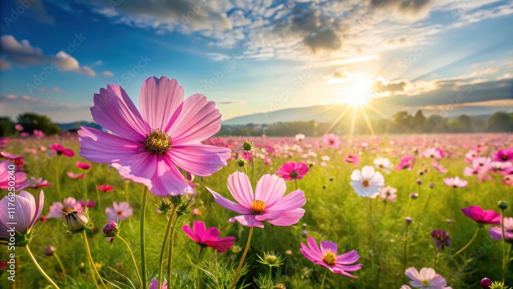 Fototapeta premium Sunlit cosmos flowers in a vast open field with gentle breeze, green grass, blooming flowers