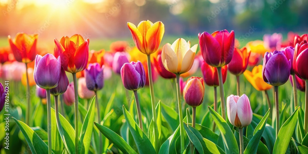 A vibrant cluster of spring tulips standing tall and upright in a lush green field on a sunny day, blooming, nature A vibrant cluster of spring tulips standing tall and upright in a lush green field on a sunny day, blooming, nature