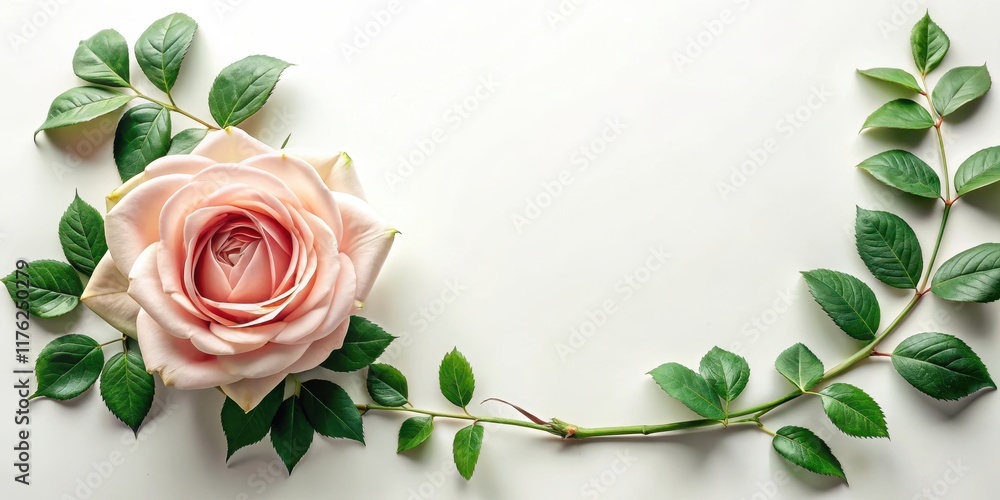 Fototapeta premium A delicate rose flower with dark green leaves and stems set against a soft white background, creating a beautiful and elegant frame