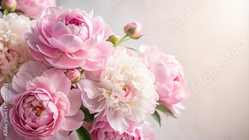 Pastel Pink Peony Flowers against Soft White Background