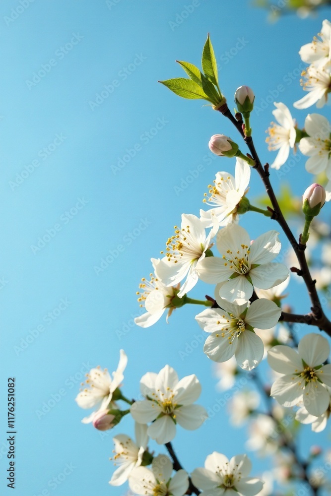 Delicate white blooms nestled in the branches of a lush tree against a clear blue sky, gentle, flowers, sky Delicate white blooms nestled in the branches of a lush tree against a clear blue sky, gentle, flowers, sky