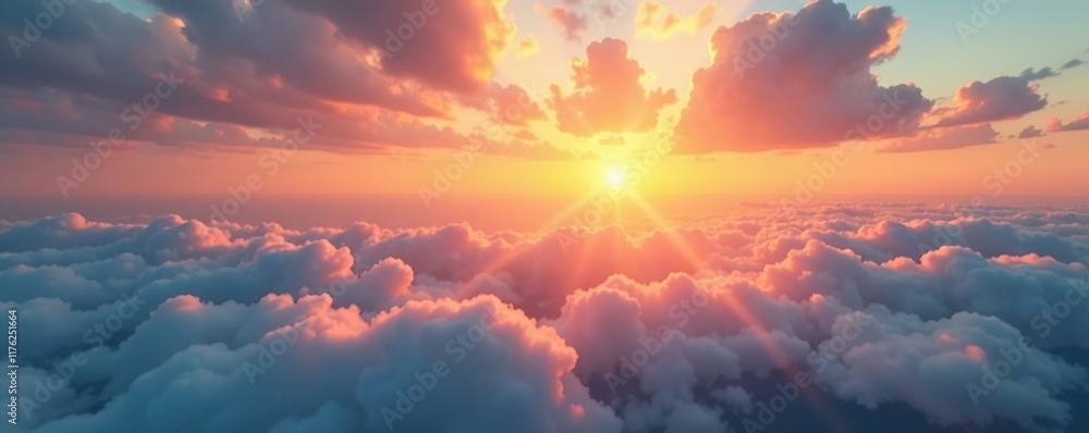 Misty dawn sky with sunbeams illuminating the clouds, misty, peaceful