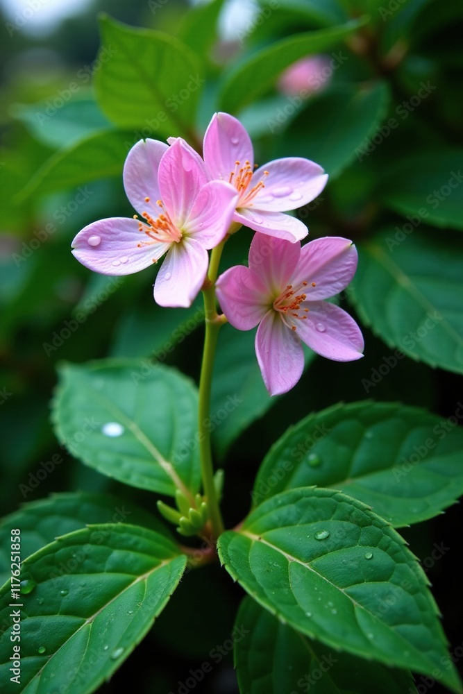 Delicate Adenophora blooms with dew drops on pale green leaves, nature, foliage Delicate Adenophora blooms with dew drops on pale green leaves, nature, foliage