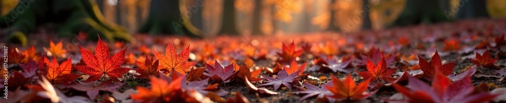 Burgundy maple leaves scattered on the forest floor create a warm and inviting scene with dry branches, autumn colors, cozy scene Burgundy maple leaves scattered on the forest floor create a warm and inviting scene with dry branches, autumn colors, cozy scene