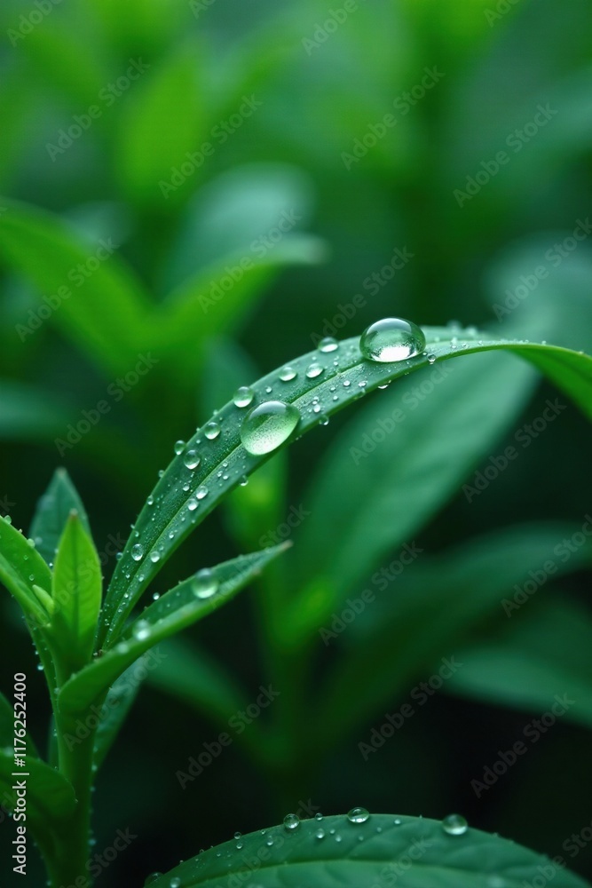 Emerald droplets cling to slender leaves of deep purple hue, verdant foliage, leafy greens, water droplets Emerald droplets cling to slender leaves of deep purple hue, verdant foliage, leafy greens, water droplets