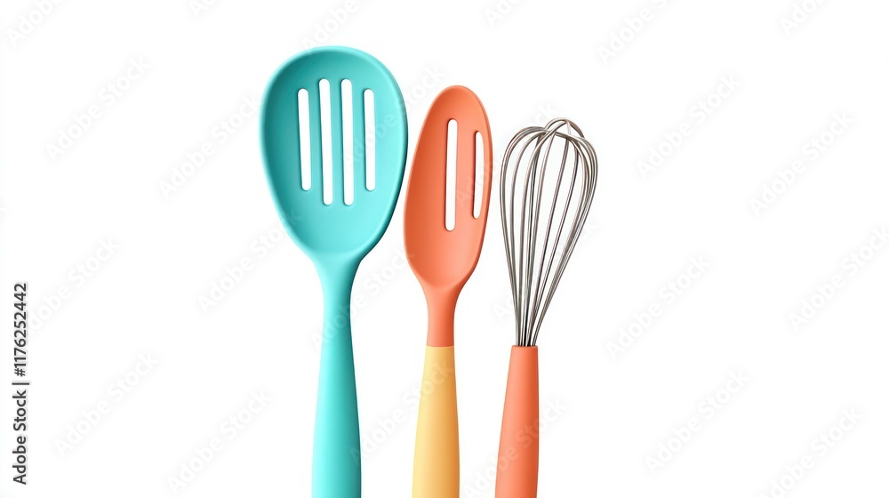 Colorful kitchen utensils including a spatula, spoon, and whisk. Colorful kitchen utensils including a spatula, spoon, and whisk.