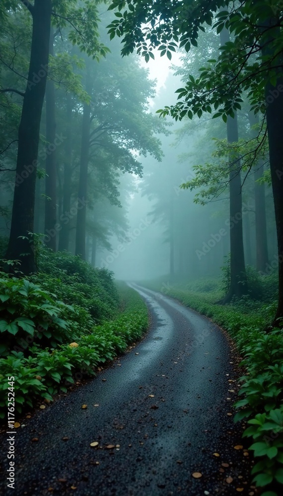 Obraz premium Misty forest road veers left through dense foliage, wet surface, rainy weather, overgrown vegetation
