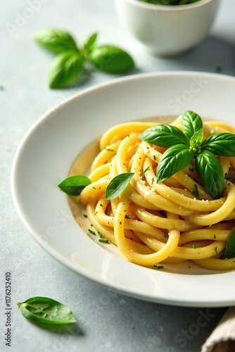 Fragrant basil leaves scattered on a plate of steaming pasta, freshherbs, tablecloth, pastalover photo