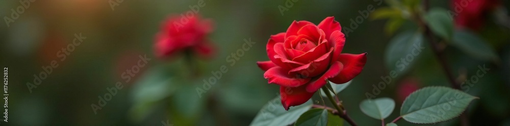 Elegant red rose with loose petals unfurling from a branch of a deciduous tree, branches, tree roots, tree Elegant red rose with loose petals unfurling from a branch of a deciduous tree, branches, tree roots, tree
