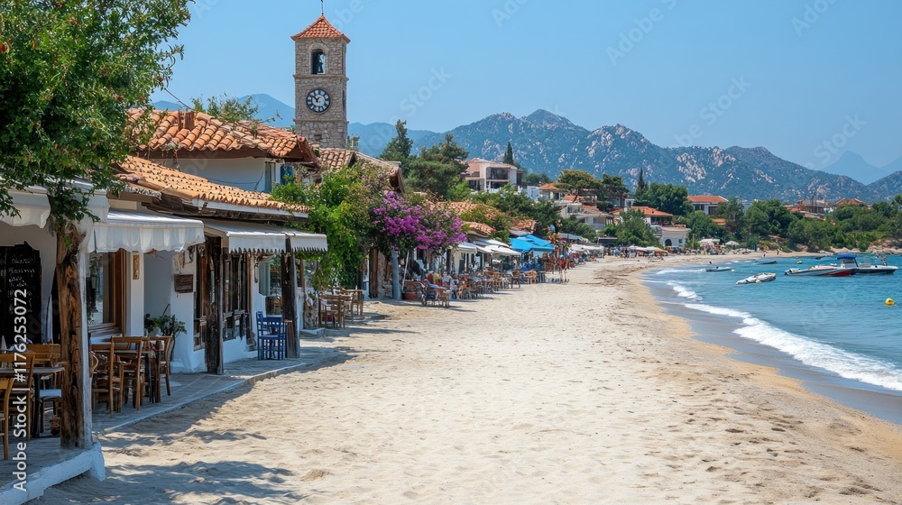 Fototapeta premium Serene beachside scene with quaint shops and a clock tower in a picturesque coastal town.