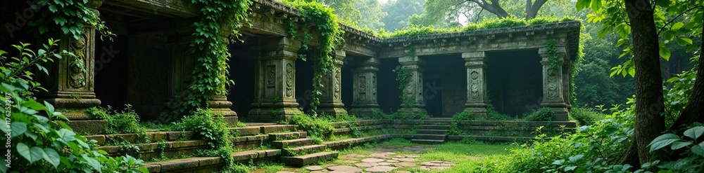 Overgrown with vines and moss, the temple's facade slowly crumbles, ivy, overgrowth Overgrown with vines and moss, the temple's facade slowly crumbles, ivy, overgrowth