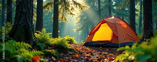 Forest floor covered with leaves and ferns beneath a campsite tent, pine trees, ferns, canopy