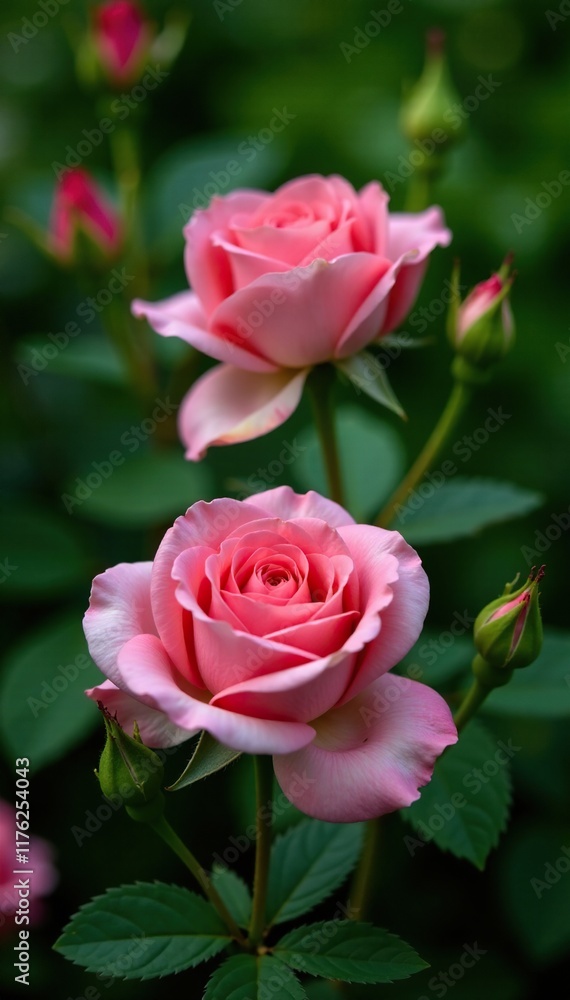 Delicate pink rose blooms in a lush garden greenery, garden, gardening Delicate pink rose blooms in a lush garden greenery, garden, gardening