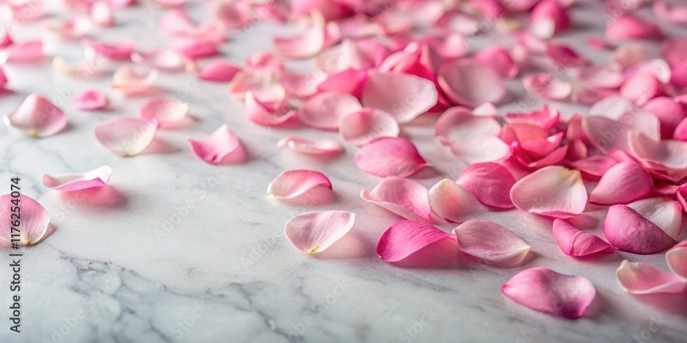 Obraz premium Soft pink rose petals scattered on a white marble floor , decor, beauty, decor, beauty, luxury