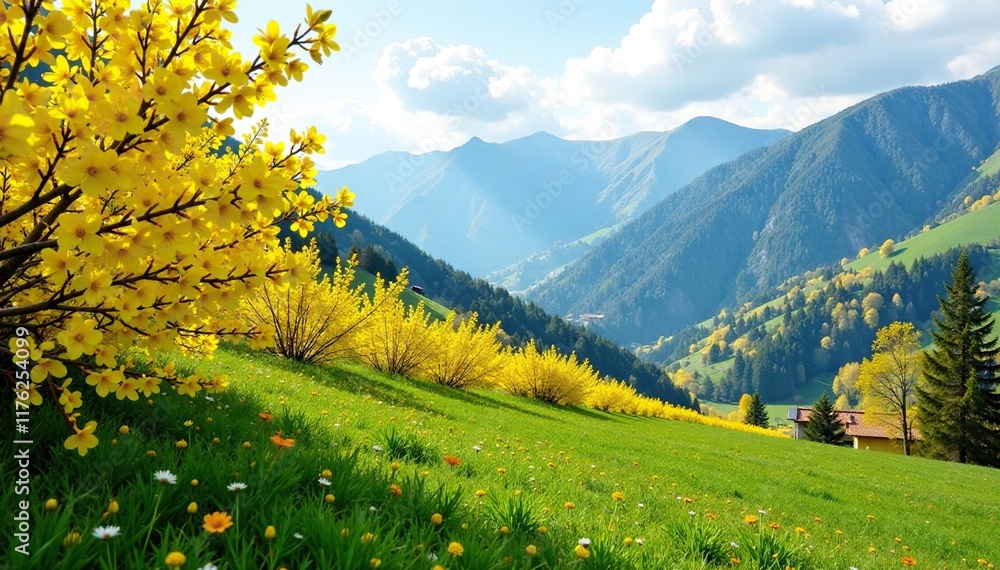 Obraz premium Forsythia bushes in full bloom against a backdrop of rolling mountains, springtime scenery, greenery, flowers in abundance