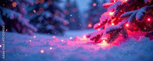A snowy landscape with pink and silver Christmas lights shining brightly, bright, winter