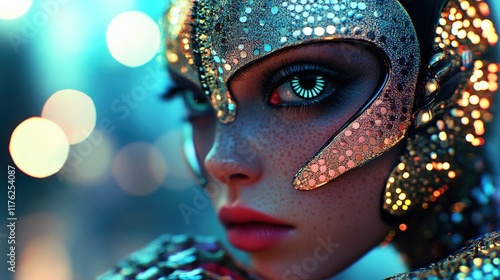 A captivating futuristic portrait of a woman adorned with an intricately designed glistening mask reflecting a blend of fashion, art, and advanced technology. photo