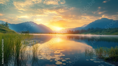 Breathtaking sunrise landscape with a majestic mountain range reflected in the calm serene waters of a picturesque mountain lake at the first light of day Idyllic