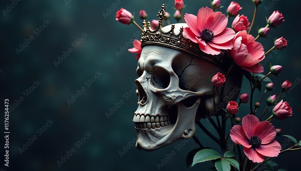 Fototapeta premium Dark blooming flowers entwine a crowned skull, eerie, death