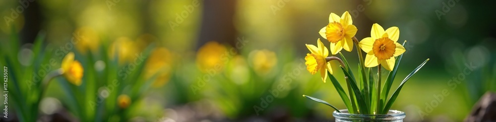Narcissus stems rising from a small glass pot in the garden, garden, nature Narcissus stems rising from a small glass pot in the garden, garden, nature