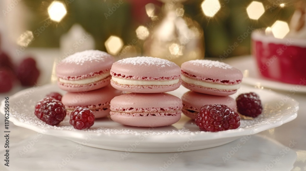 Pink Macarons with Raspberries and Powdered Sugar Pink Macarons with Raspberries and Powdered Sugar