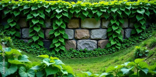 Slope covered in leafy greens and weeds with quarrystones wall, garden, wall, weeds photo