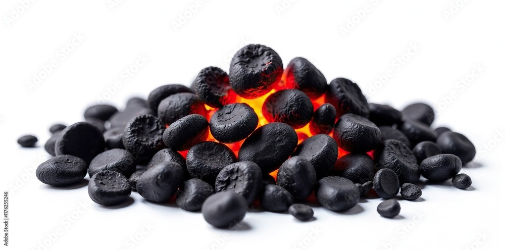 Charred pebbles scattered around a central pile of coals on white background, warm, glow Charred pebbles scattered around a central pile of coals on white background, warm, glow