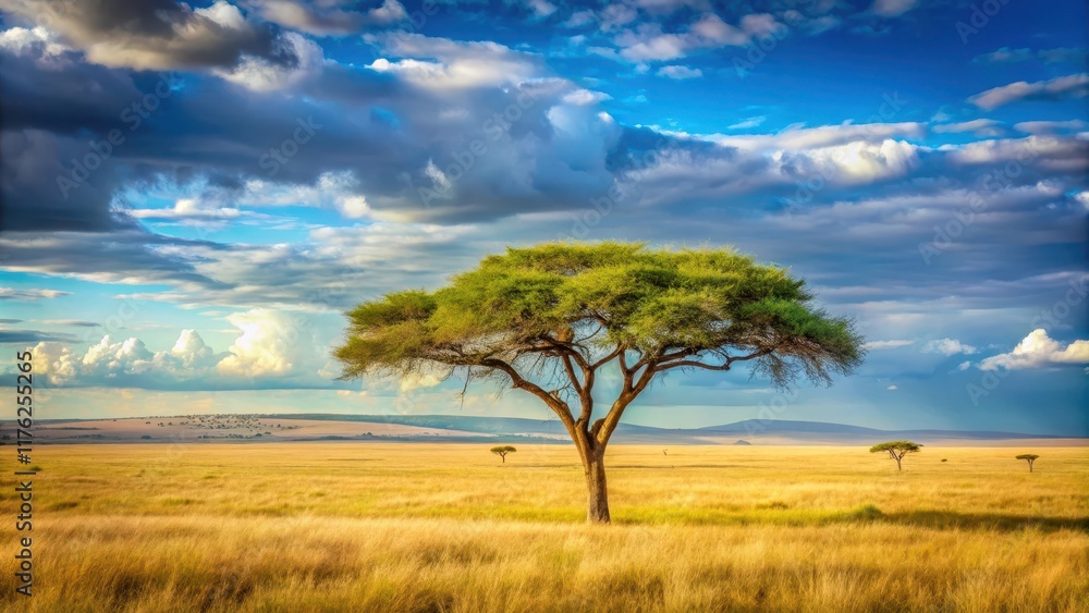 A majestic tree stands alone in a vast savannah landscape with acacia trees and grasslands stretching into the horizon A majestic tree stands alone in a vast savannah landscape with acacia trees and grasslands stretching into the horizon
