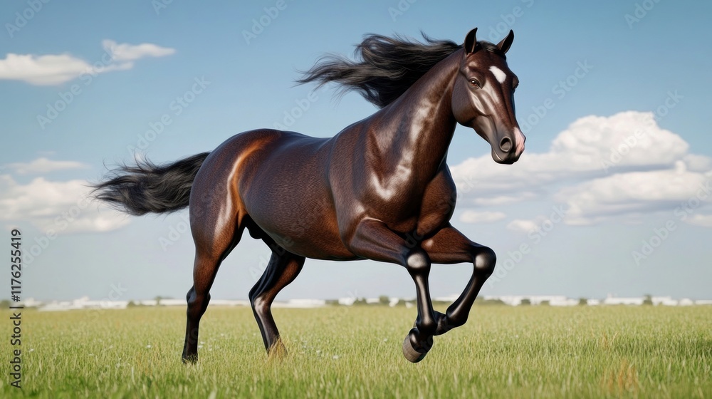 Obraz premium A powerful horse galloping across a green field under a blue sky.