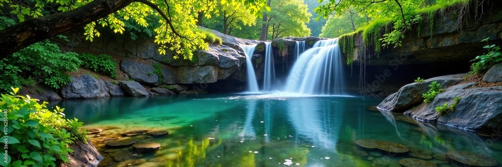 Obraz premium Serene waterfall cascading into a peaceful pond, branches, nature