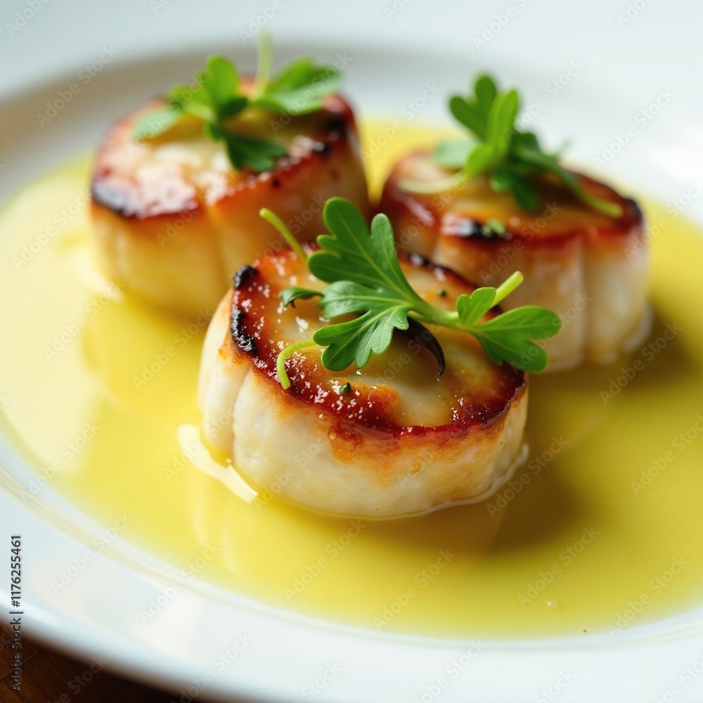 Seared scallops with microgreens and lemon sauce, scallops, gourmet Seared scallops with microgreens and lemon sauce, scallops, gourmet