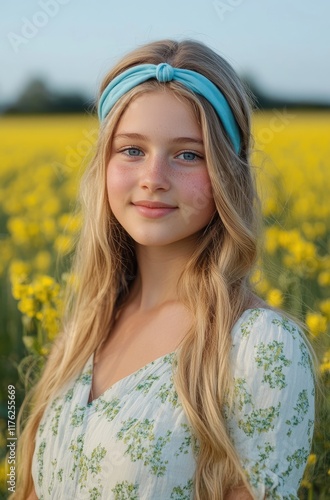 A portrait of an adorable girl with long blonde hair, wearing a blue headband and a white dress decorated with green floral patterns.