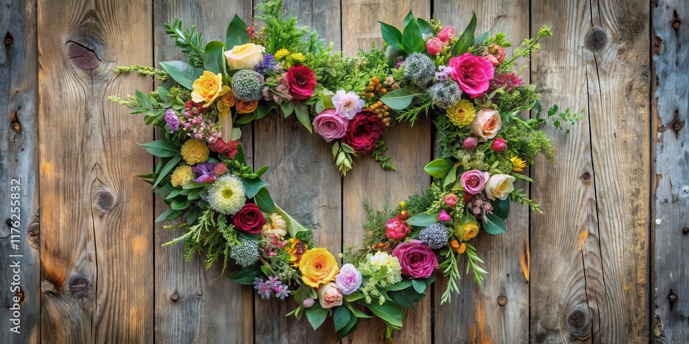 Delicate floral heart wreath made from a mix of colorful flowers and greenery, beautifully arranged on a rustic wooden door frame, home decor, natural Delicate floral heart wreath made from a mix of colorful flowers and greenery, beautifully arranged on a rustic wooden door frame, home decor, natural