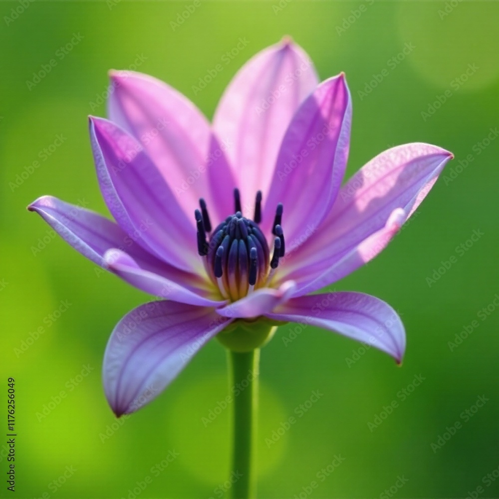 Fototapeta premium delicate purple petals unfolding on a green stem, greenery, flower