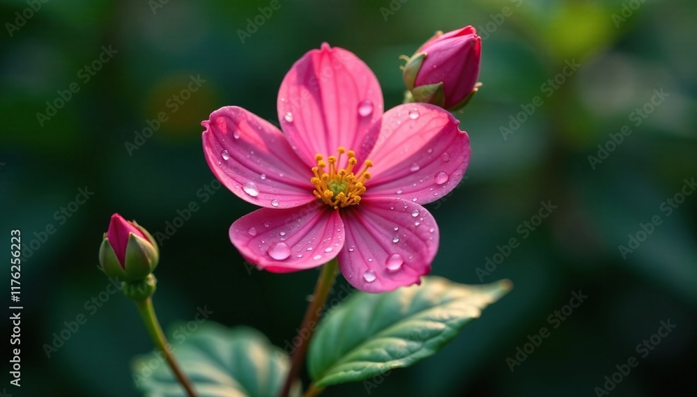 Single Adenophora bloom with dew drops on the petals and leaves, flowers, solitary Single Adenophora bloom with dew drops on the petals and leaves, flowers, solitary