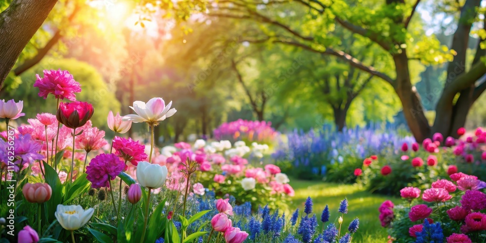 Obraz premium Blooming garden on a sunny spring day with vibrant pink and blue flowers swaying gently in the breeze surrounded by lush greenery and trees , season change, pink flowers