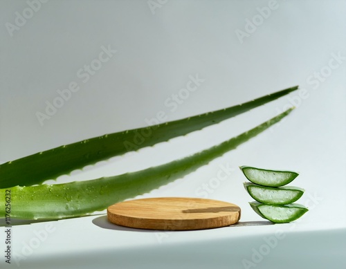 Natural aloe vera product setup with wooden pedestal and minimalist white backdrop.