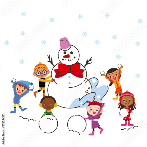 雪が降る中で雪だるまを作る子供達