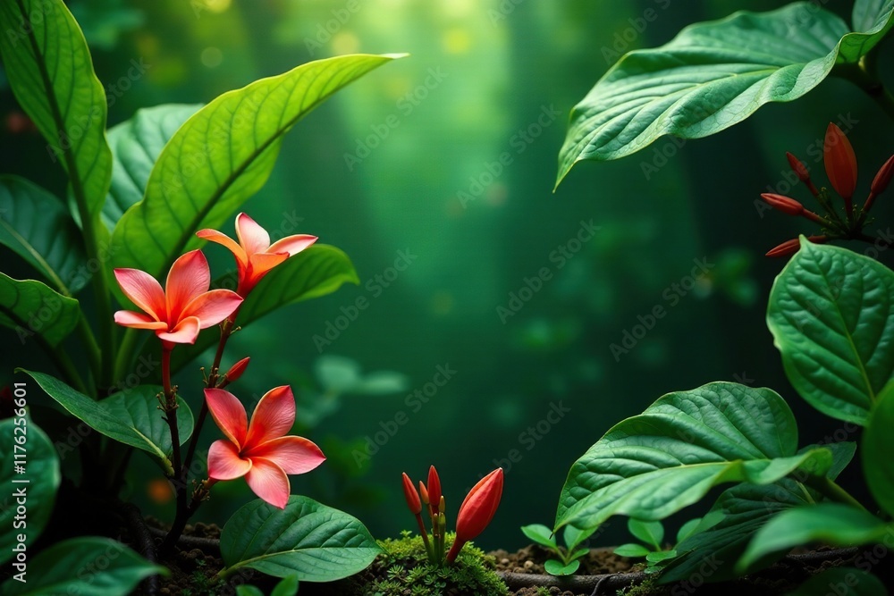 Fototapeta premium Exotic, tropical leaves and flowers in a lush green environment, nature, botanical